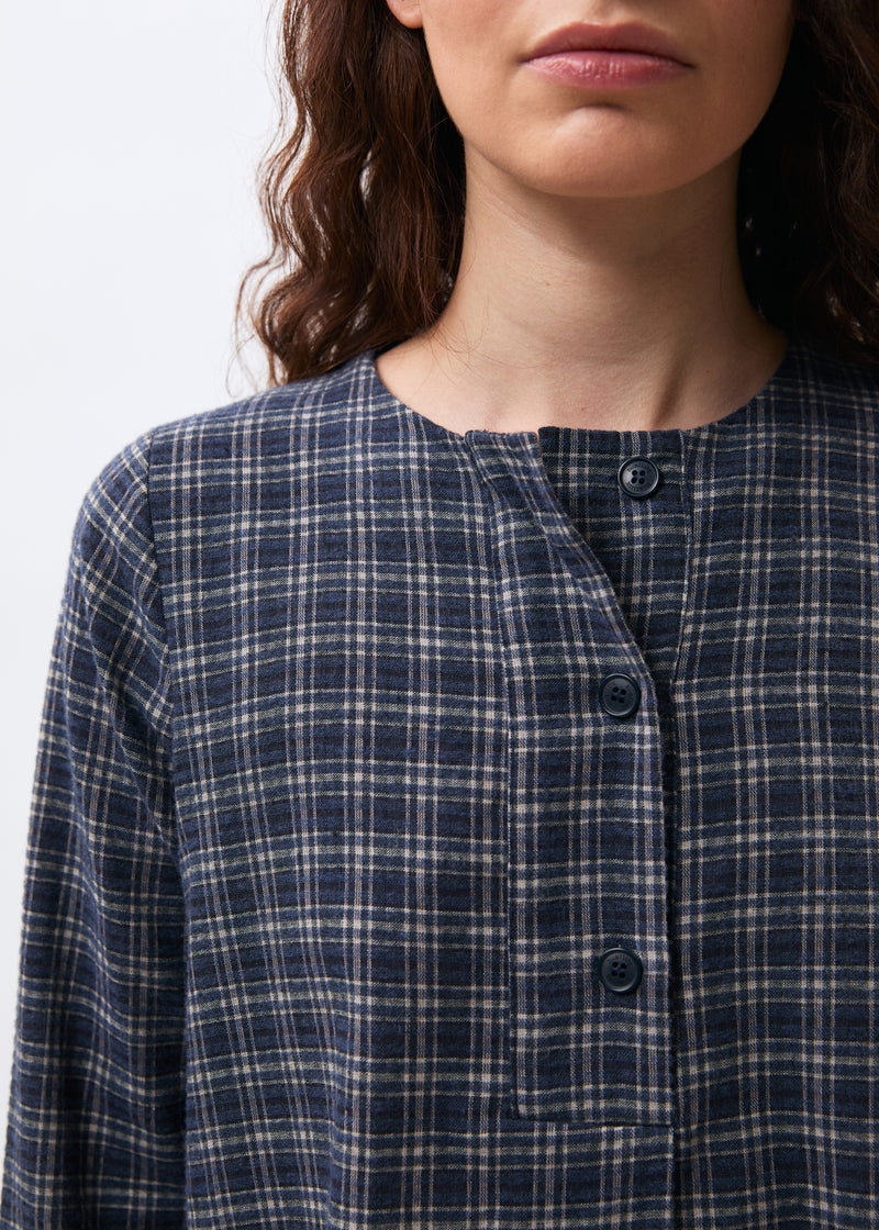 Blouse à carreaux bleu marine manches longues col rond - MARINE#couleur_MARINE