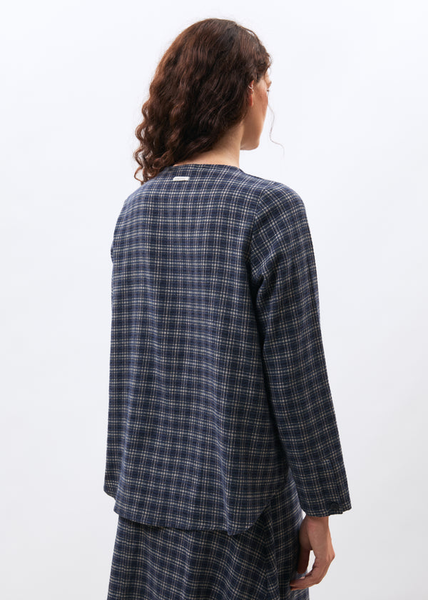 Blouse à carreaux bleu marine manches longues col rond - MARINE#couleur_MARINE