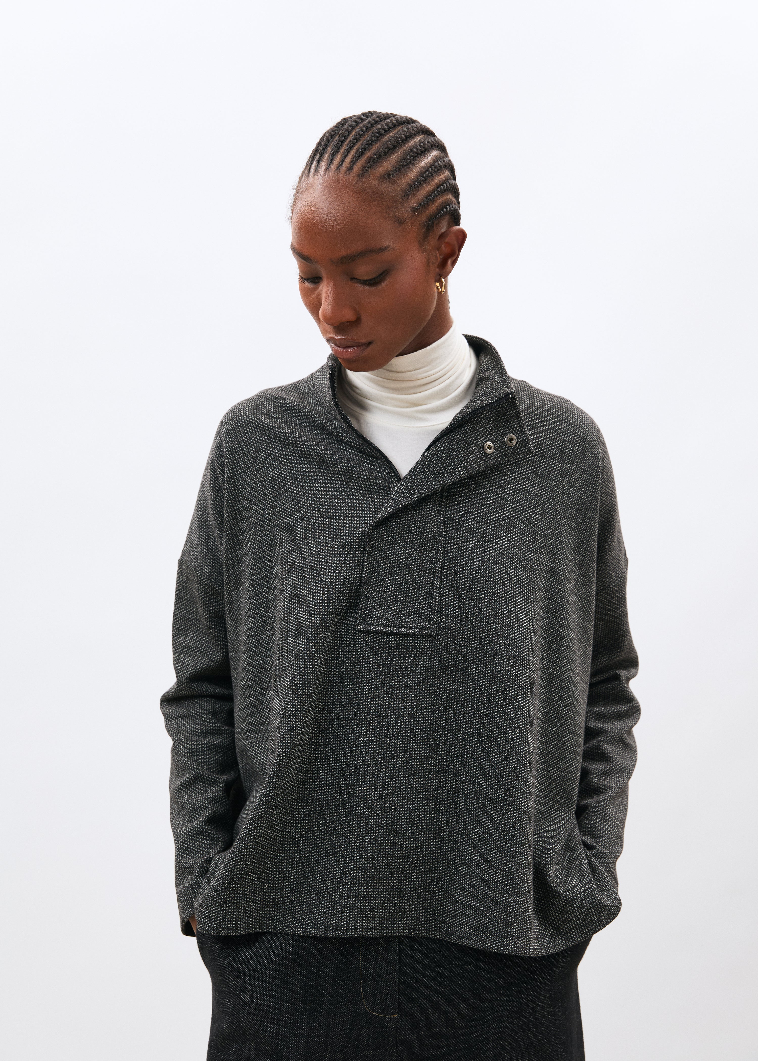 Sweat gris foncé en jersey à motif pied de puces manches longues - ANTHRACITE#couleur_ANTHRACITE