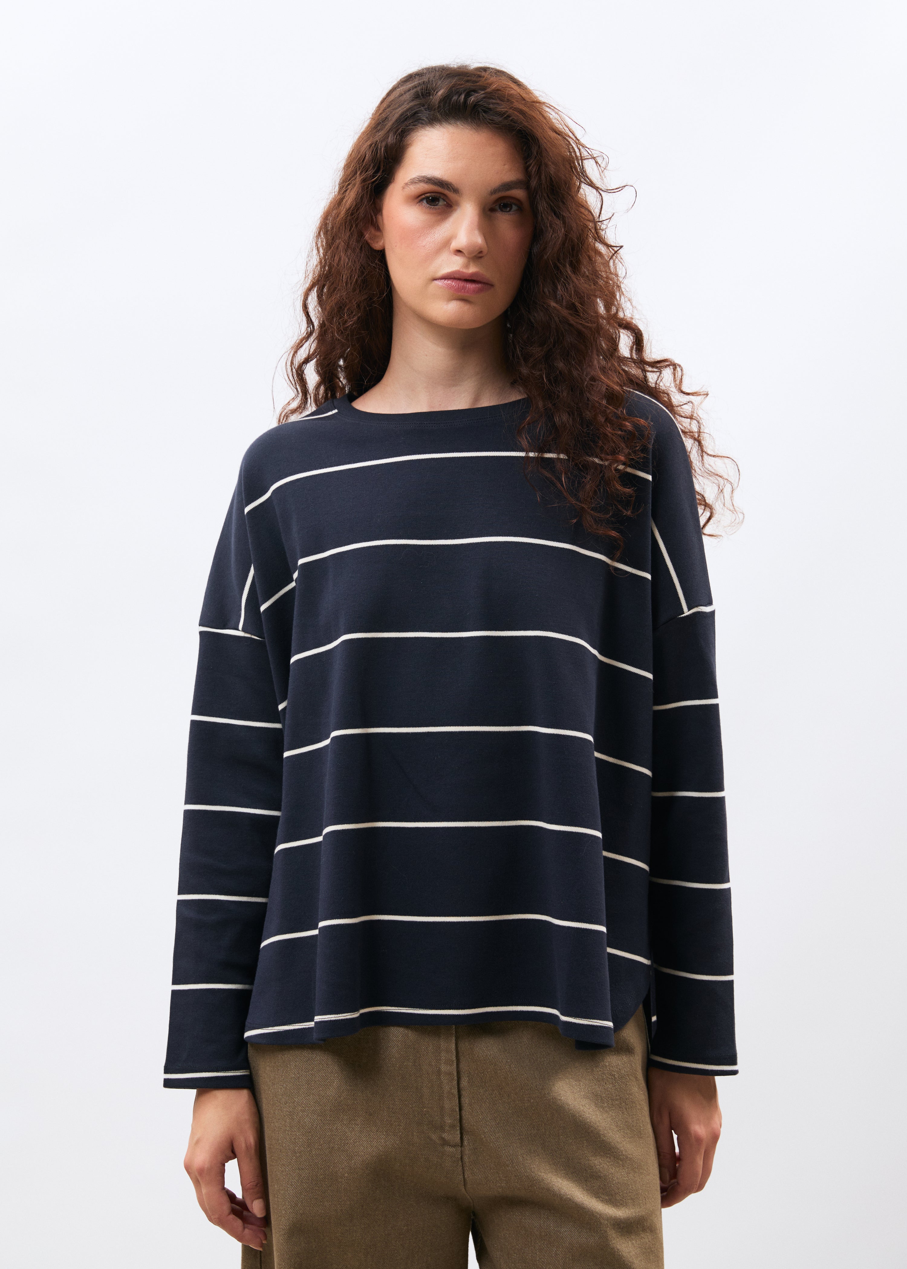 T-shirt blanc et bleu marine en jersey manches longues - BLANC/MARINE#couleur_BLANC/MARINE