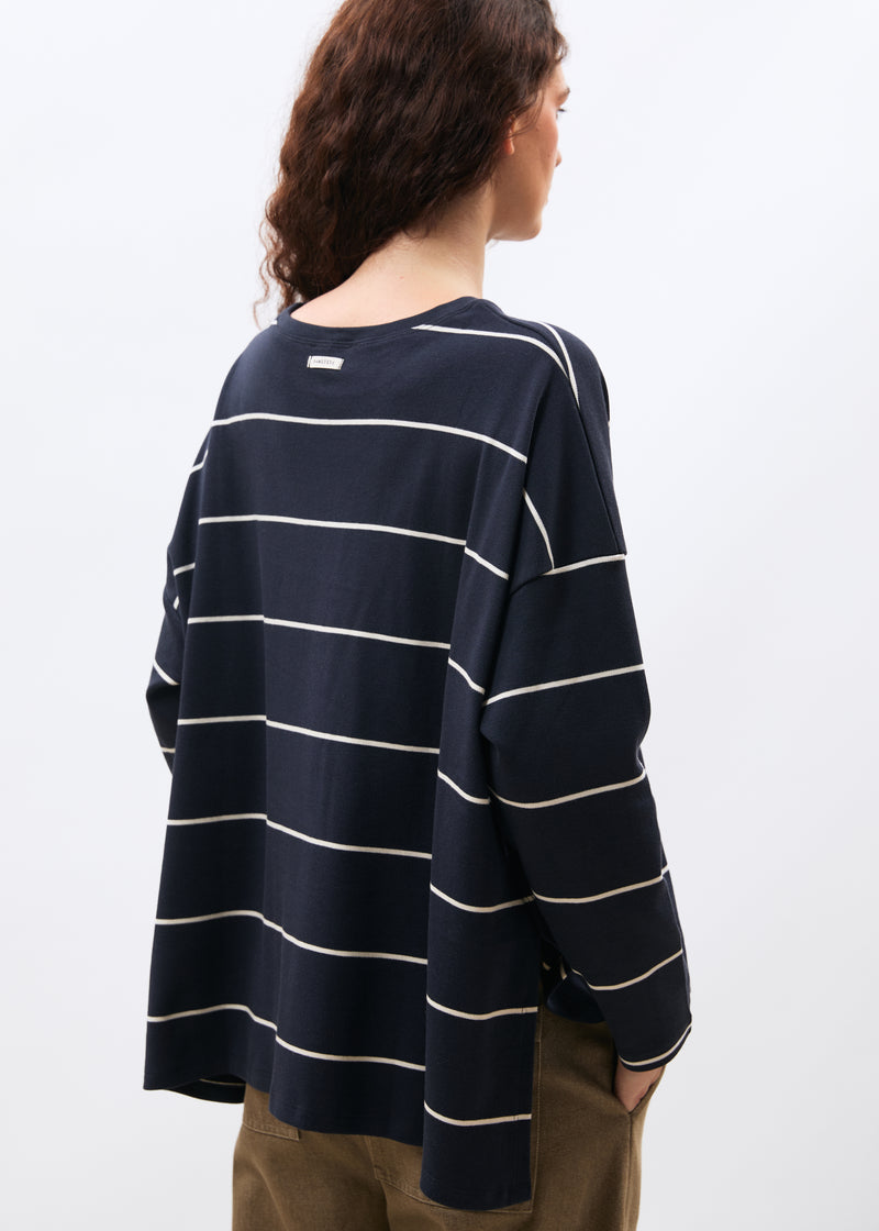 T-shirt blanc et bleu marine en jersey manches longues - BLANC/MARINE#couleur_BLANC/MARINE