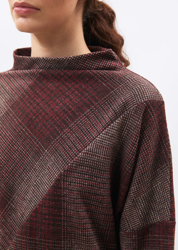 Top bordeaux ample à carreaux en jersey manches longues - BORDEAUX#couleur_BORDEAUX