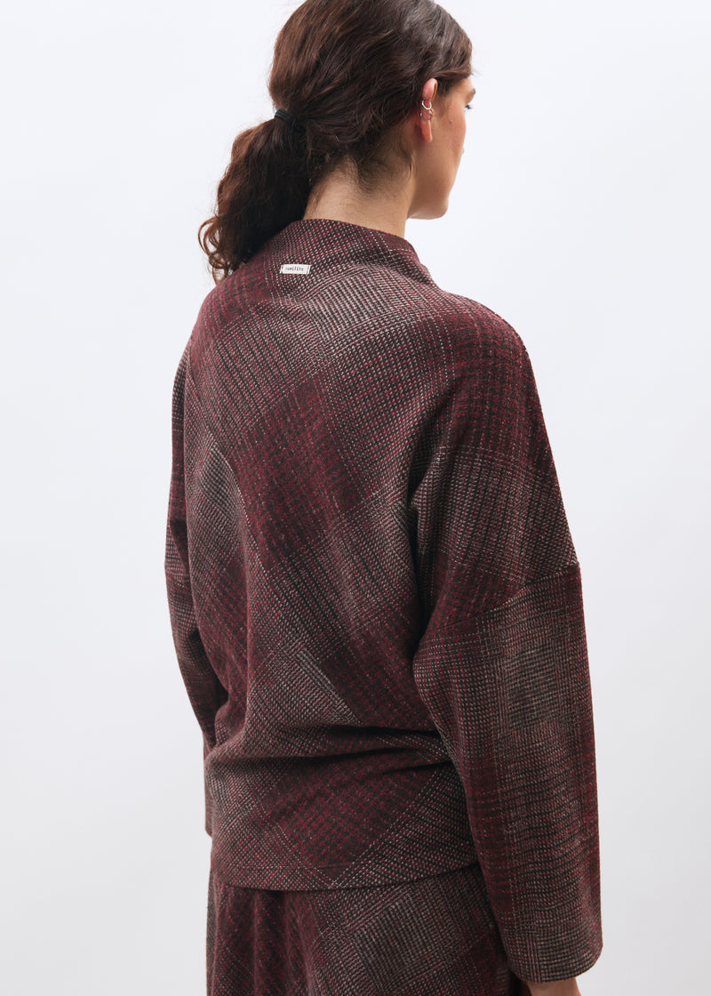Top bordeaux ample à carreaux en jersey manches longues - BORDEAUX#couleur_BORDEAUX