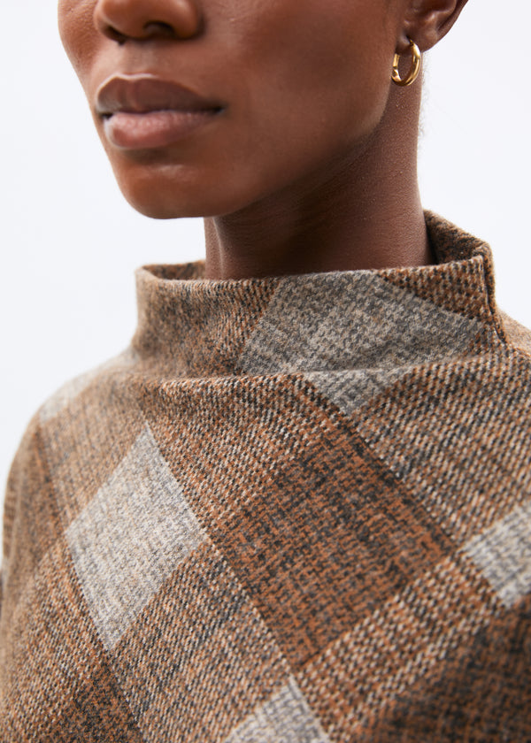 Top marron ample à carreaux en jersey manches longues - marron#couleur_marron