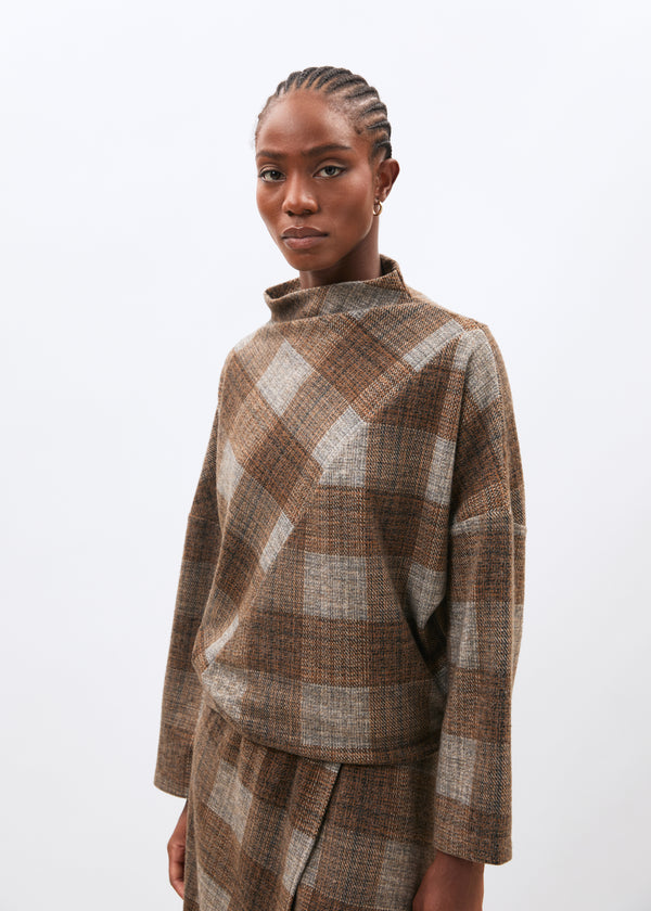 Top marron ample à carreaux en jersey manches longues - marron#couleur_marron
