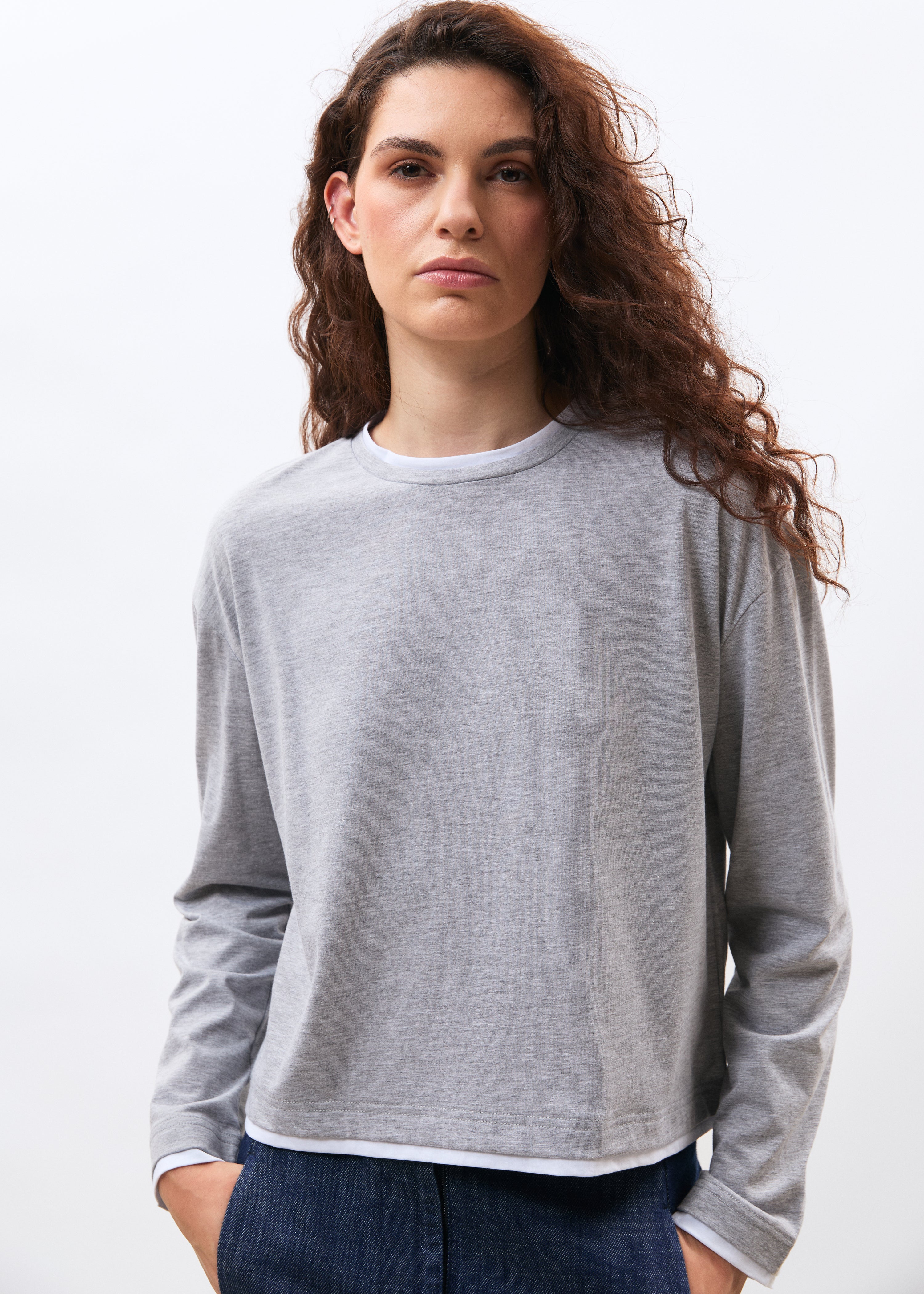 T-shirt gris et blanc en jersey manches longues col rond - GRIS CLAIR/BLANC#couleur_GRIS CLAIR/BLANC
