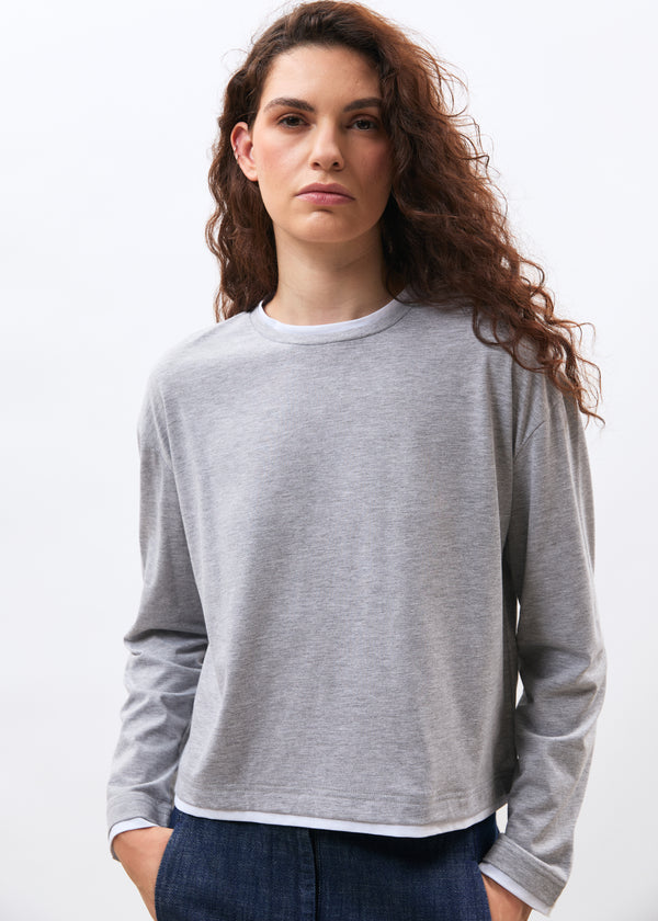 T-shirt gris et blanc en jersey manches longues col rond - GRIS CLAIR/BLANC#couleur_GRIS CLAIR/BLANC