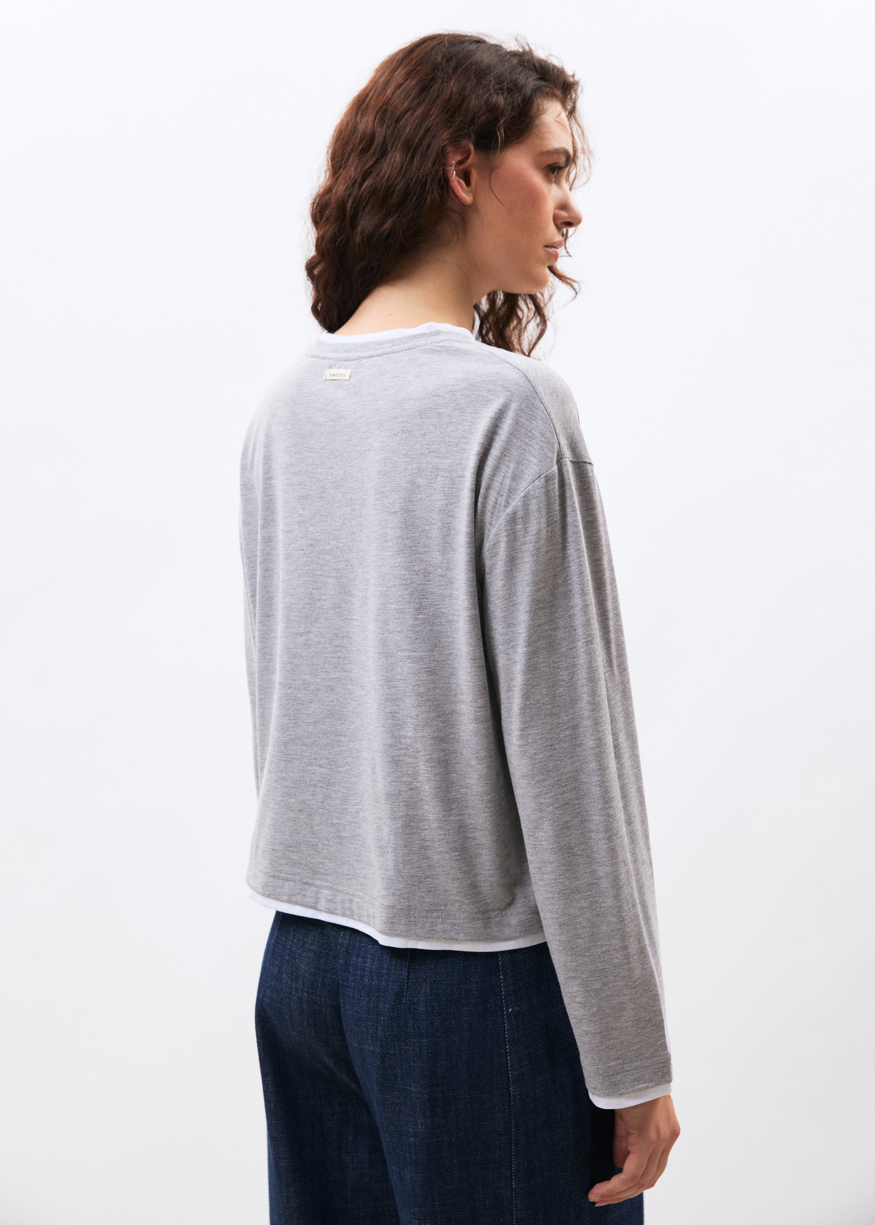 T-shirt gris et blanc en jersey manches longues col rond - GRIS CLAIR/BLANC#couleur_GRIS CLAIR/BLANC