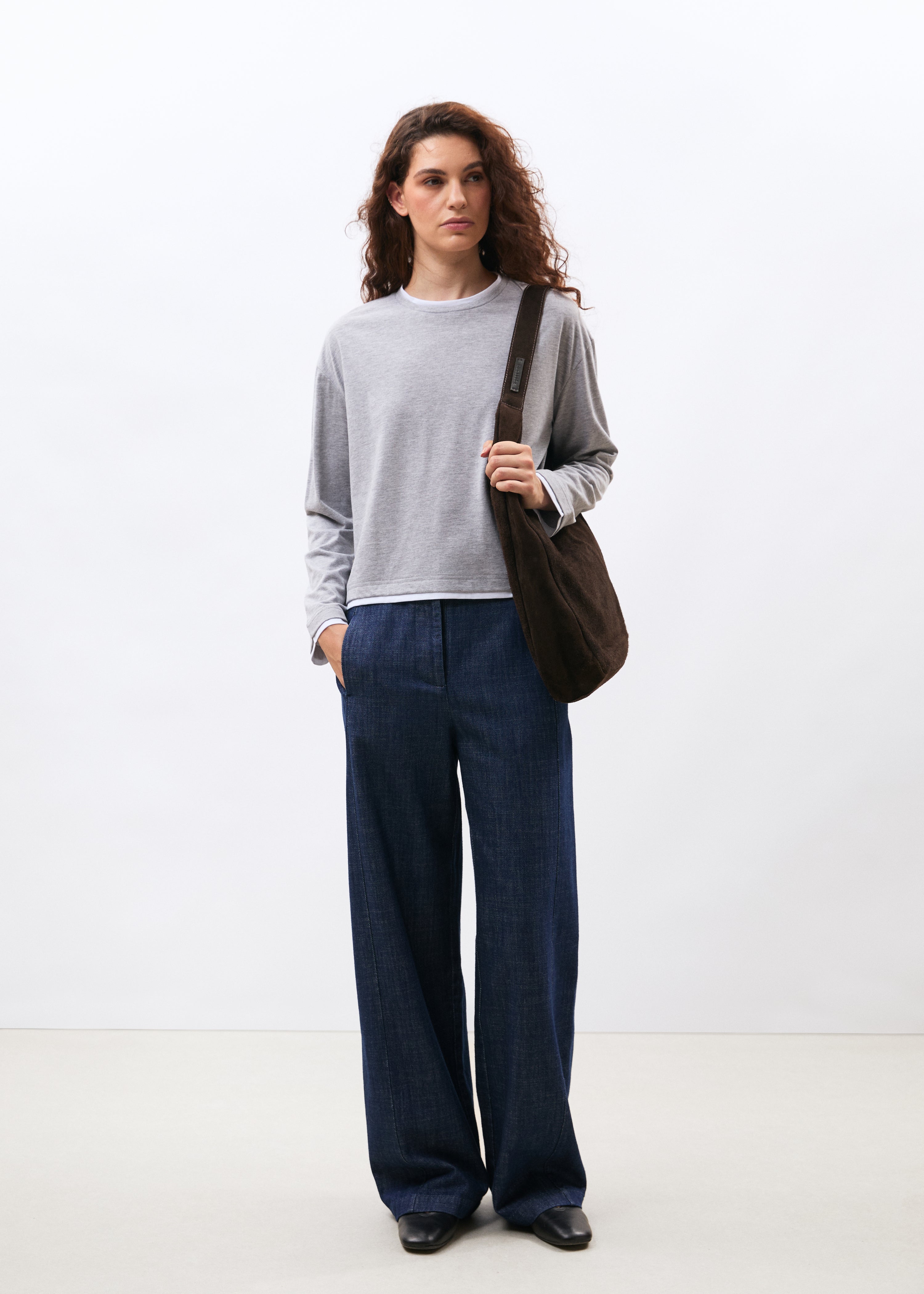 T-shirt gris et blanc en jersey manches longues col rond - GRIS CLAIR/BLANC#couleur_GRIS CLAIR/BLANC