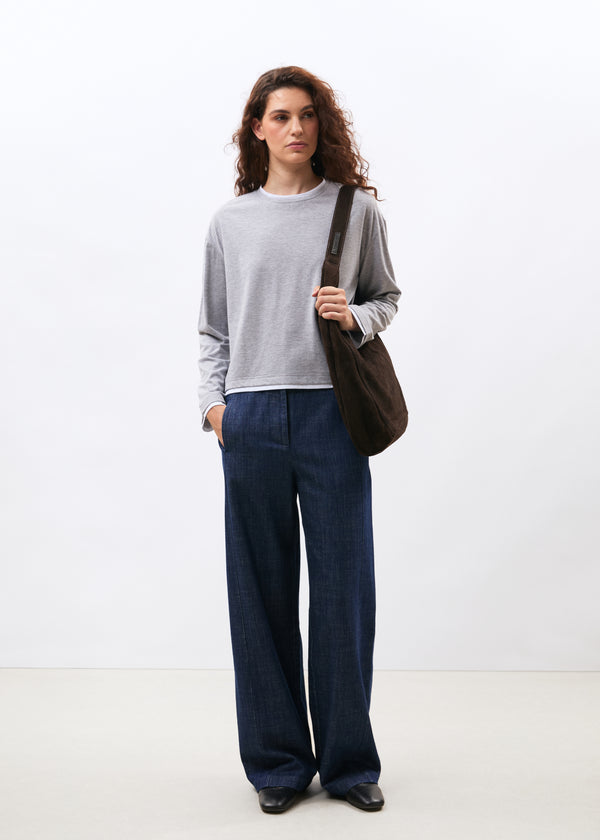 T-shirt gris et blanc en jersey manches longues col rond - GRIS CLAIR/BLANC#couleur_GRIS CLAIR/BLANC