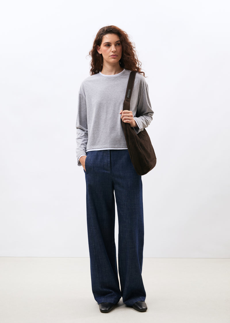 T-shirt gris et blanc en jersey manches longues col rond - GRIS CLAIR/BLANC#couleur_GRIS CLAIR/BLANC