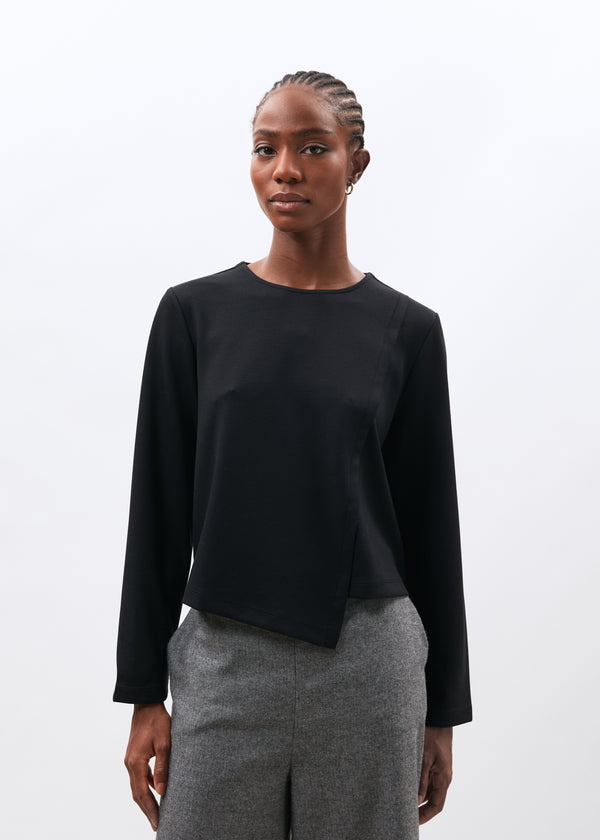 T-shirt noir asymétrique manches longues col rond - NOIR#couleur_NOIR
