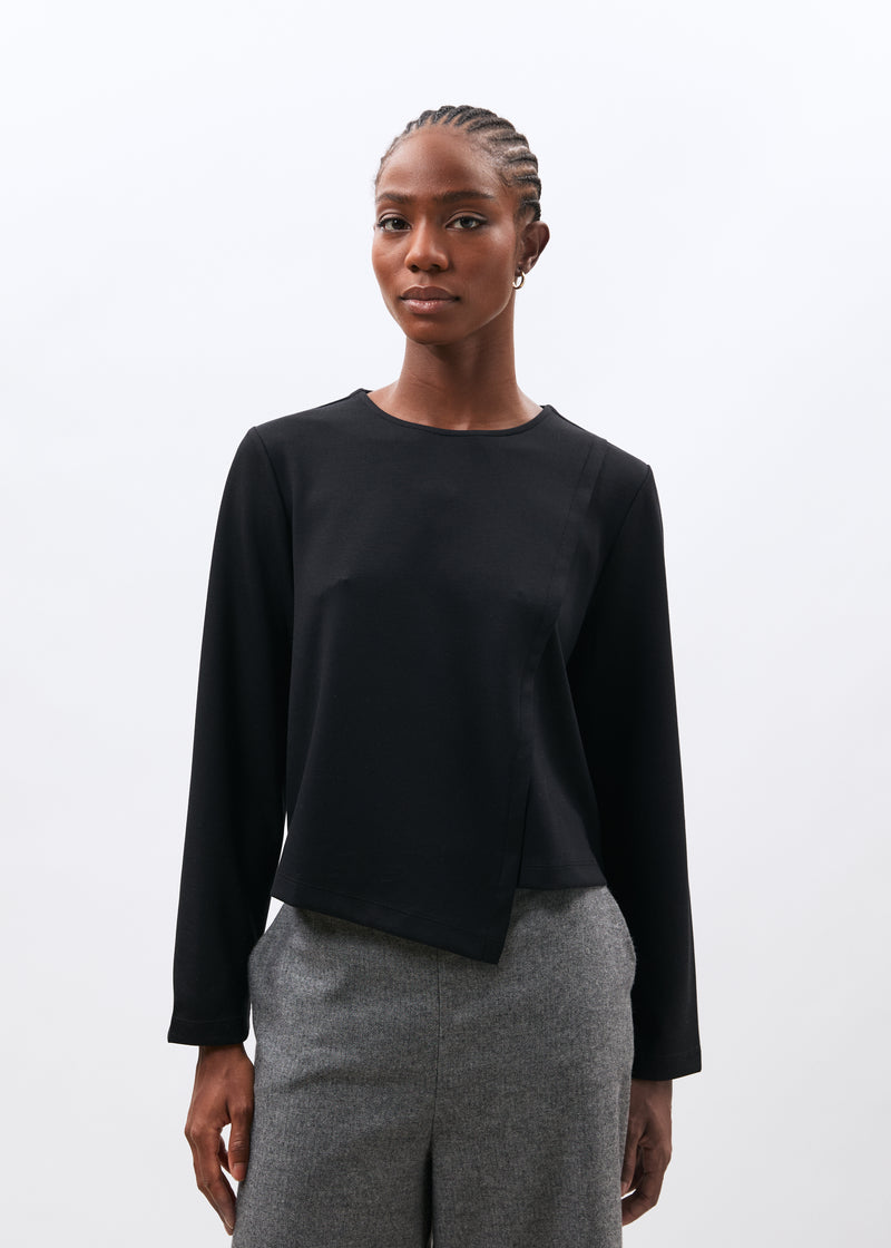 T-shirt noir asymétrique manches longues col rond - NOIR#couleur_NOIR