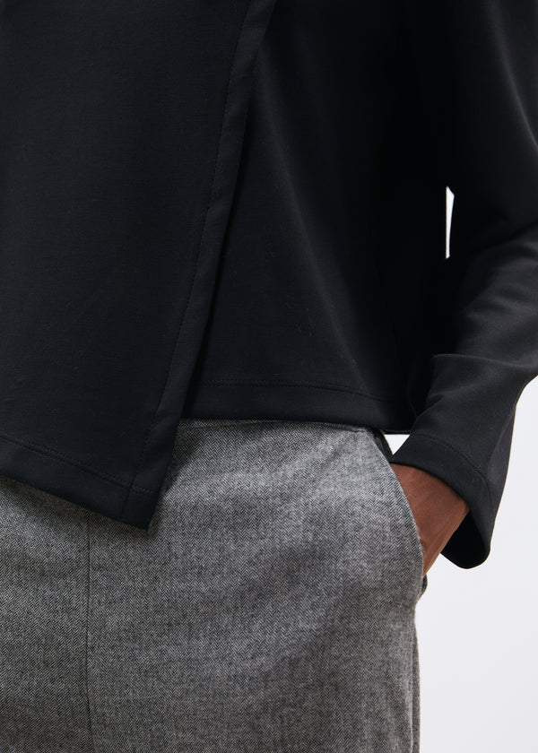 T-shirt noir asymétrique manches longues col rond - NOIR#couleur_NOIR