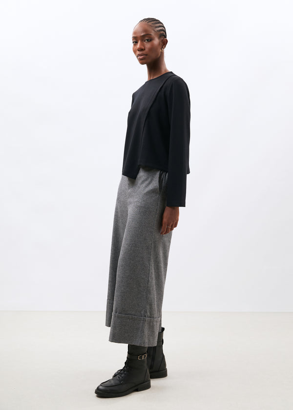 T-shirt noir asymétrique manches longues col rond - NOIR#couleur_NOIR