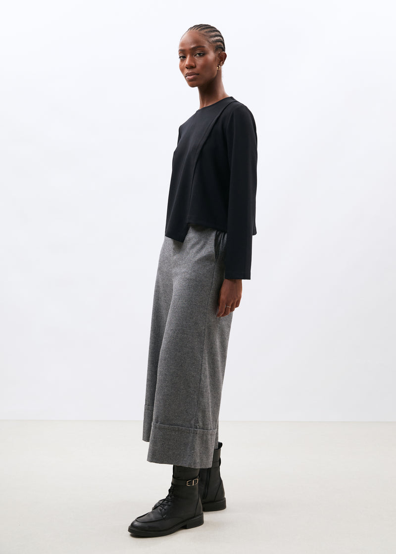 T-shirt noir asymétrique manches longues col rond - NOIR#couleur_NOIR