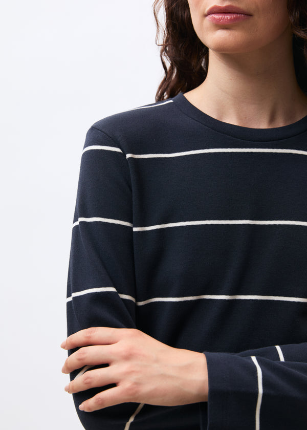 T-shirt blanc et bleu marine en jersey rayé manches longues - BLANC/MARINE#couleur_BLANC/MARINE
