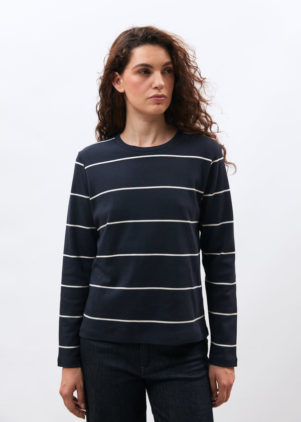 T-shirt blanc et bleu marine en jersey rayé manches longues - BLANC/MARINE#couleur_BLANC/MARINE