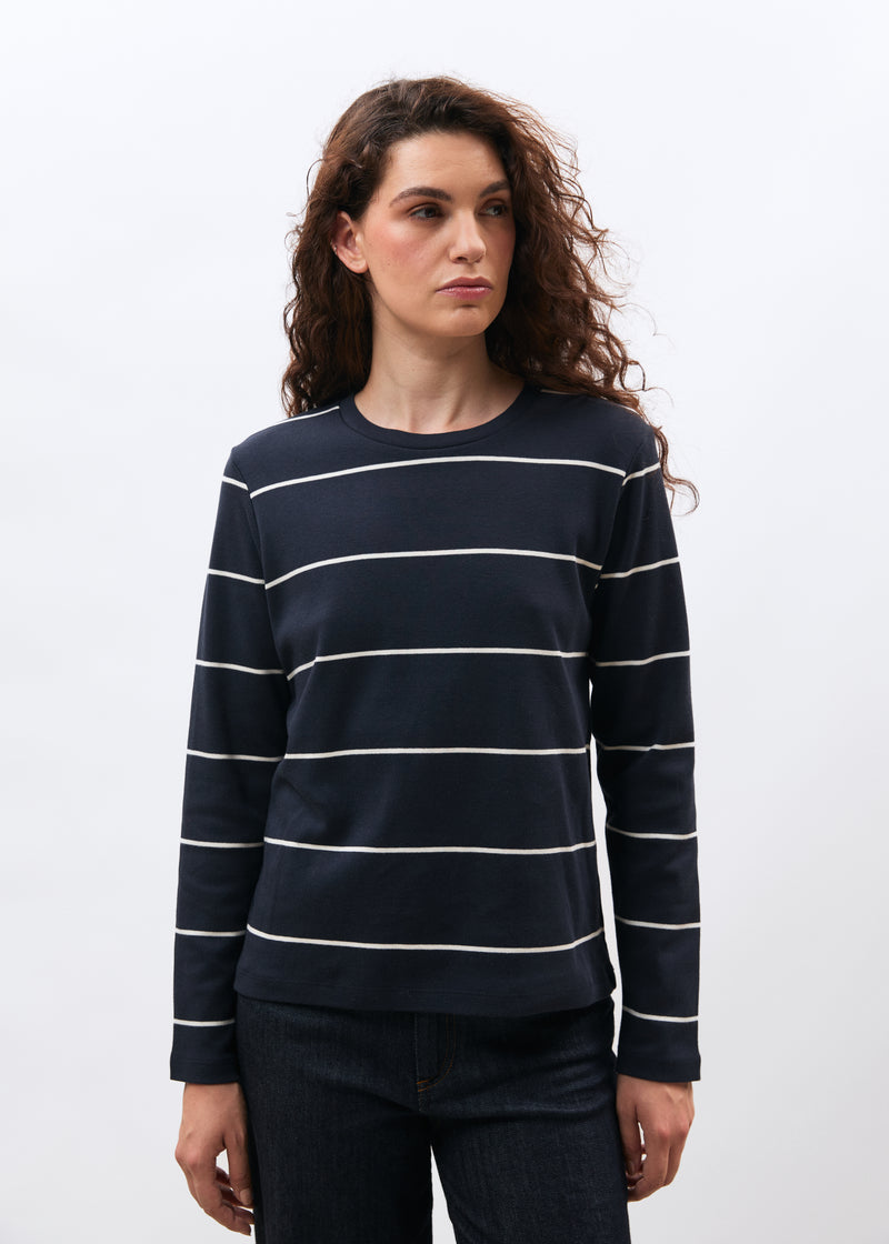 T-shirt blanc et bleu marine en jersey rayé manches longues - BLANC/MARINE#couleur_BLANC/MARINE