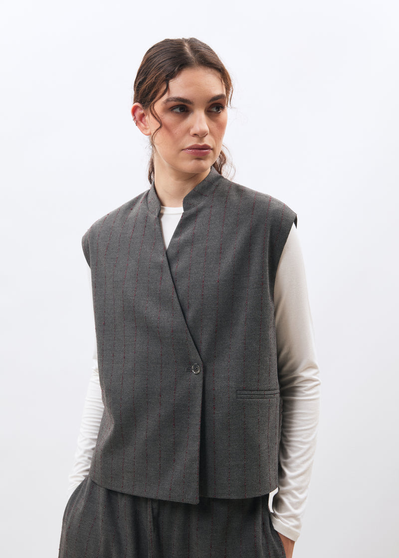 Veste sans manches gris et bordeaux en flanelle rayée - ANTHRACITE/BORDEAUX#couleur_ANTHRACITE/BORDEAUX