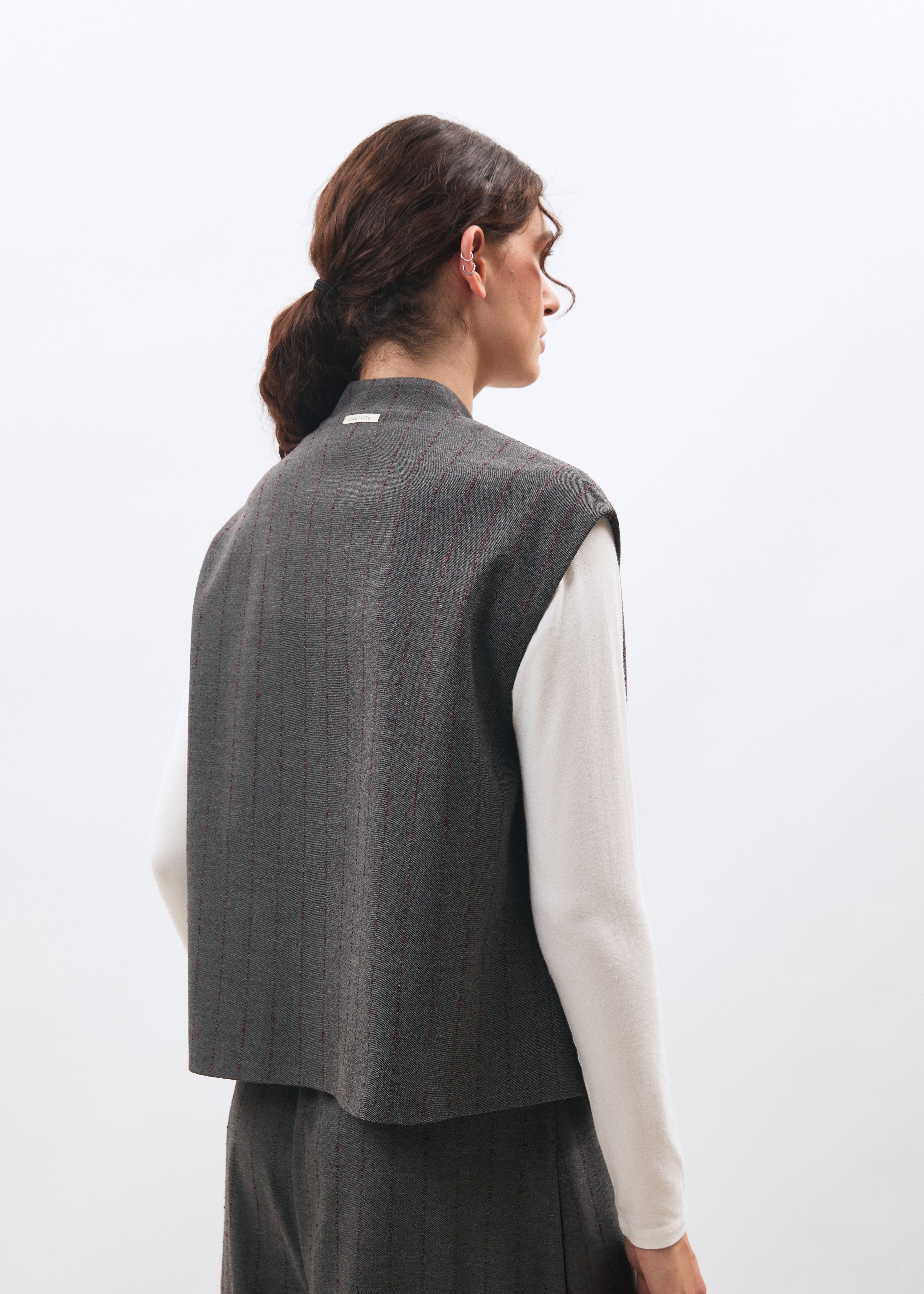 Veste sans manches gris et bordeaux en flanelle rayée - ANTHRACITE/BORDEAUX#couleur_ANTHRACITE/BORDEAUX