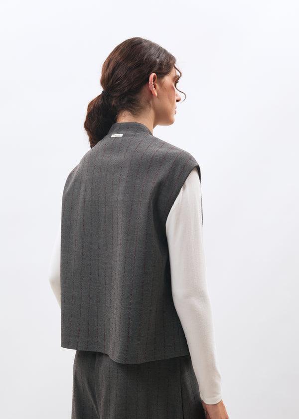 Veste sans manches gris et bordeaux en flanelle rayée - ANTHRACITE/BORDEAUX#couleur_ANTHRACITE/BORDEAUX