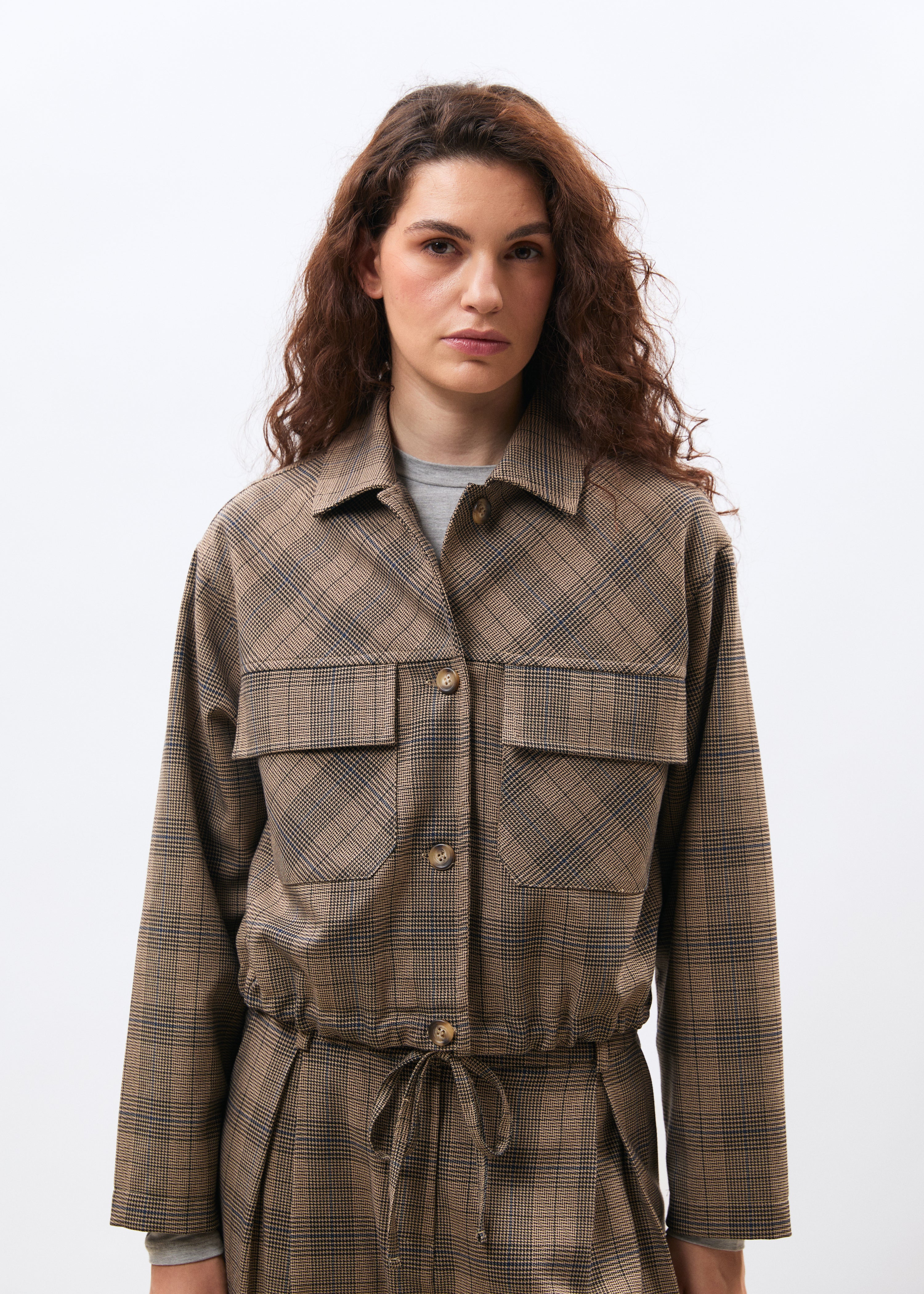 Veste courte à motif prince de Galles - GREIGE/DENIM#couleur_GREIGE/DENIM