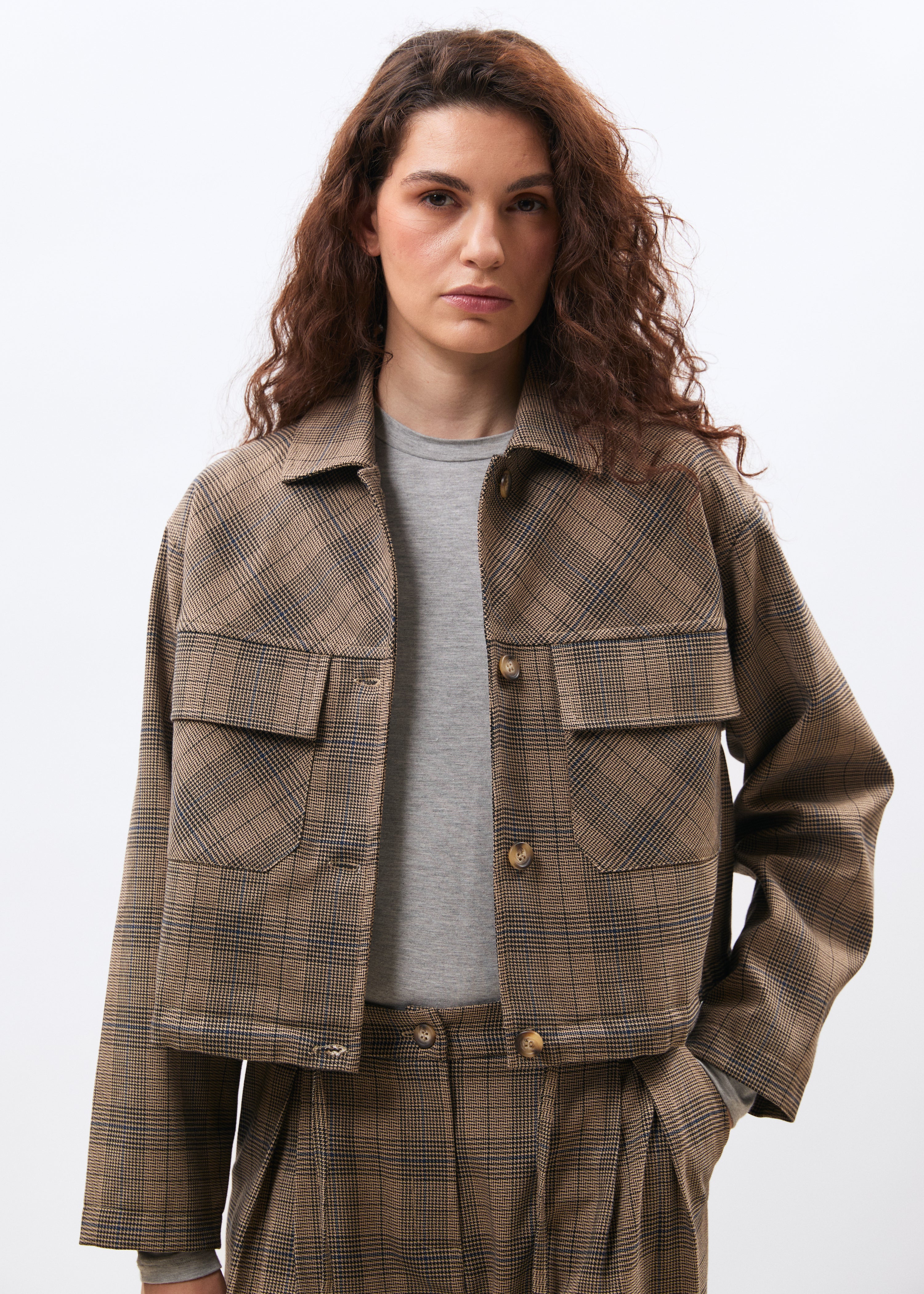 Veste courte à motif prince de Galles - GREIGE/DENIM#couleur_GREIGE/DENIM