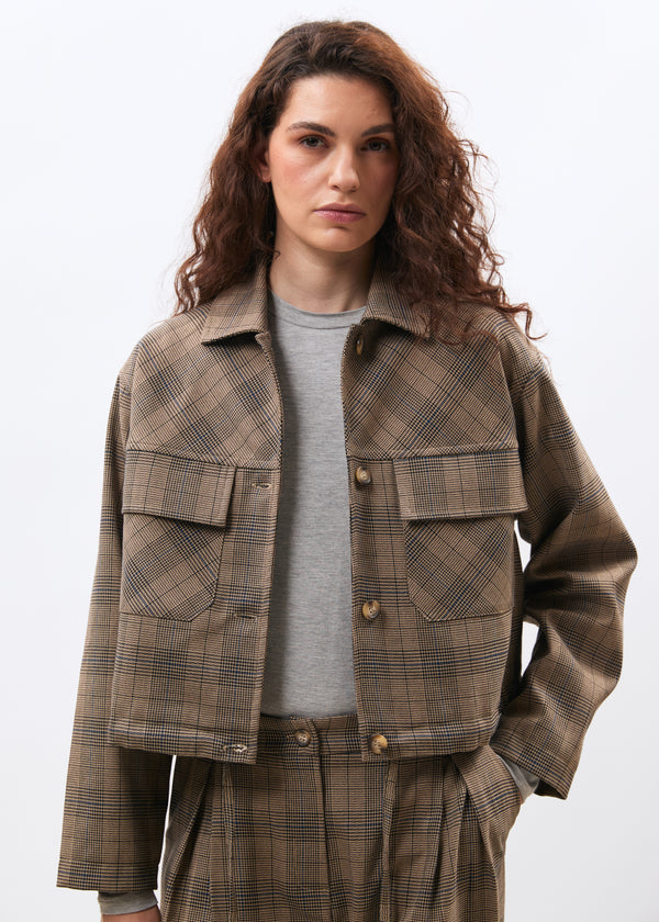 Veste courte à motif prince de Galles - GREIGE/DENIM#couleur_GREIGE/DENIM